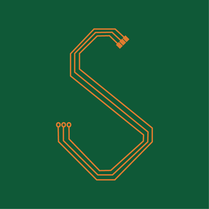 A gold S on green background styled like a PCB board.